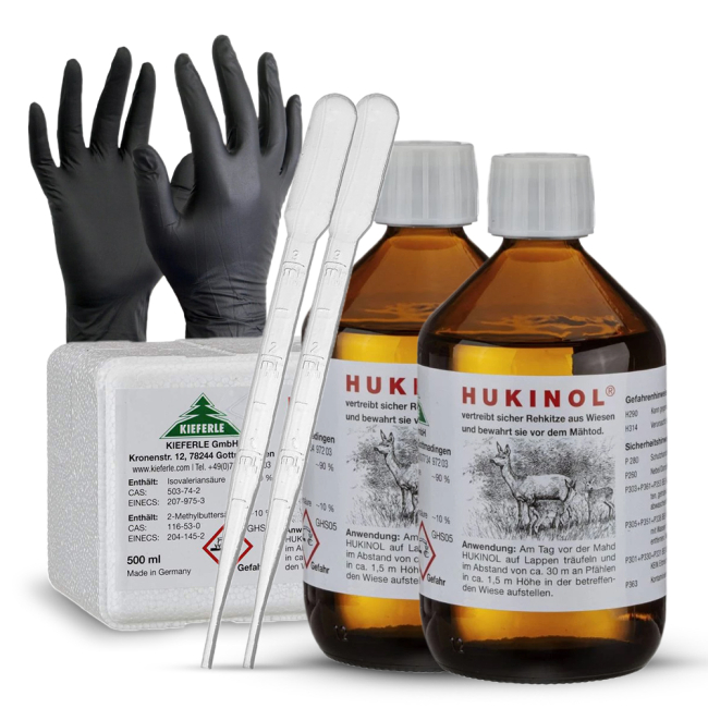 Hukinol - zapachowy odstraszacz na zwierzynę leśną: dziki, sarny jelenie i inne - 500ml 2 butelki, Rękawiczki + pipeta GRATIS